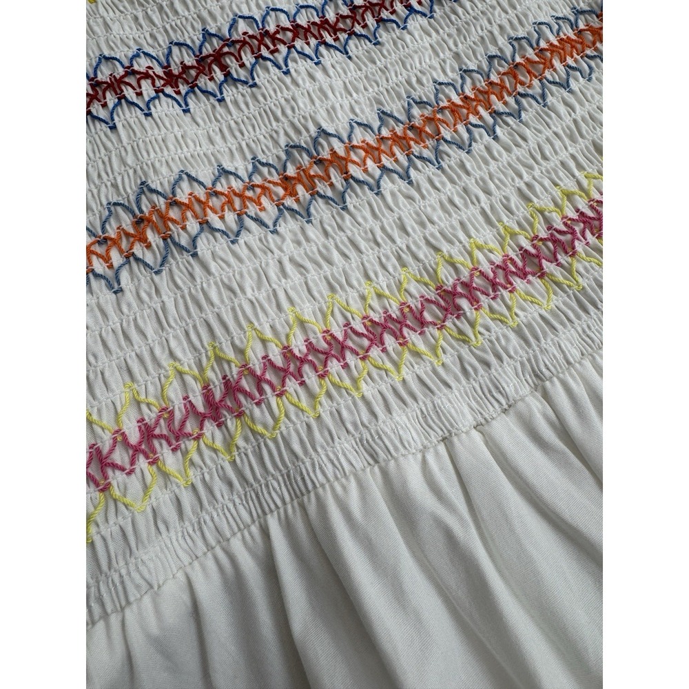 White Smocked Milkmaid Dress Sz S Cottagecore Puff Sleeve Rainbow Stitch Maxi - Picture 7 of 9